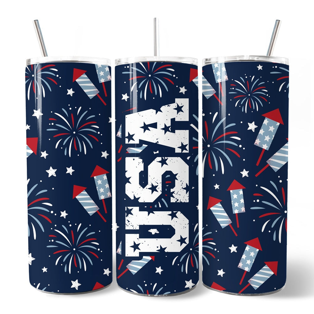 Fireworks USA Block Letters 20oz Personalized Tumbler With Lid and Stainless Steel Straw, Vintage July 4th Patriotic Gift Cup