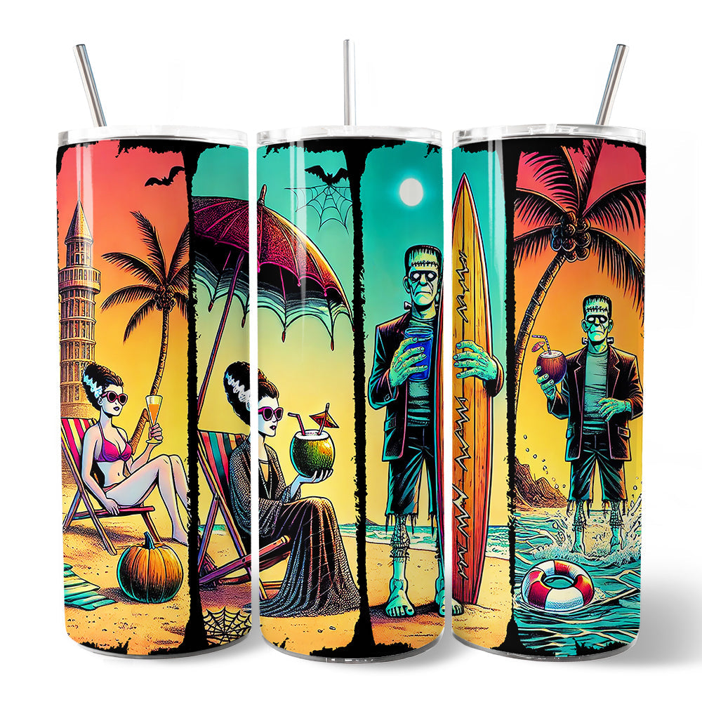 Frankenstein's Summer Beach Vacation 20oz Personalized Tumbler With Lid and Stainless Steel Straw, Retro Horror Neon Surf Gift Cup