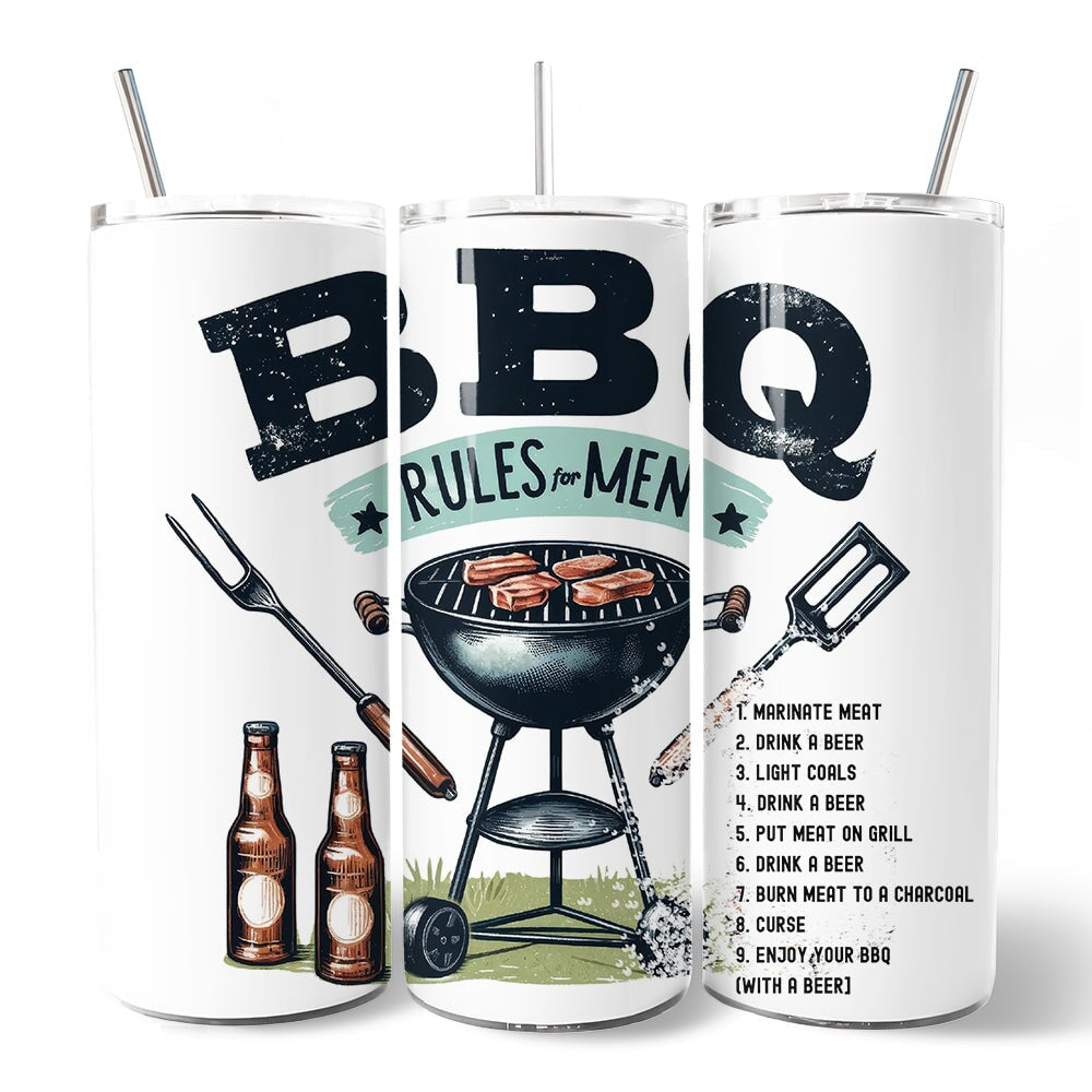 Funny BBQ Rules For Men 20oz Personalized Tumbler With Lid and Stainless Steel Straw, Backyard Grill Guide Humor Gift Cup