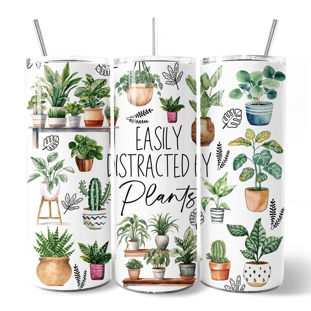 Funny Botanical Life 20oz Personalized Tumbler With Lid and Stainless Steel Straw, Easily Distracted By Plants Gift Cup