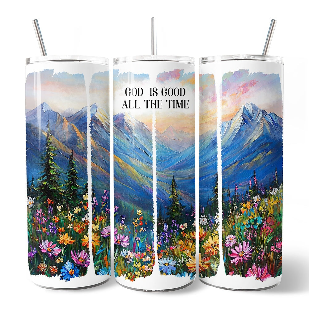 God Is Good All the Time Mountain Christian 20oz Personalized Tumbler With Lid and Stainless Steel Straw, Wildflower Brushstrokes Bible Verse Faith Gift Cup