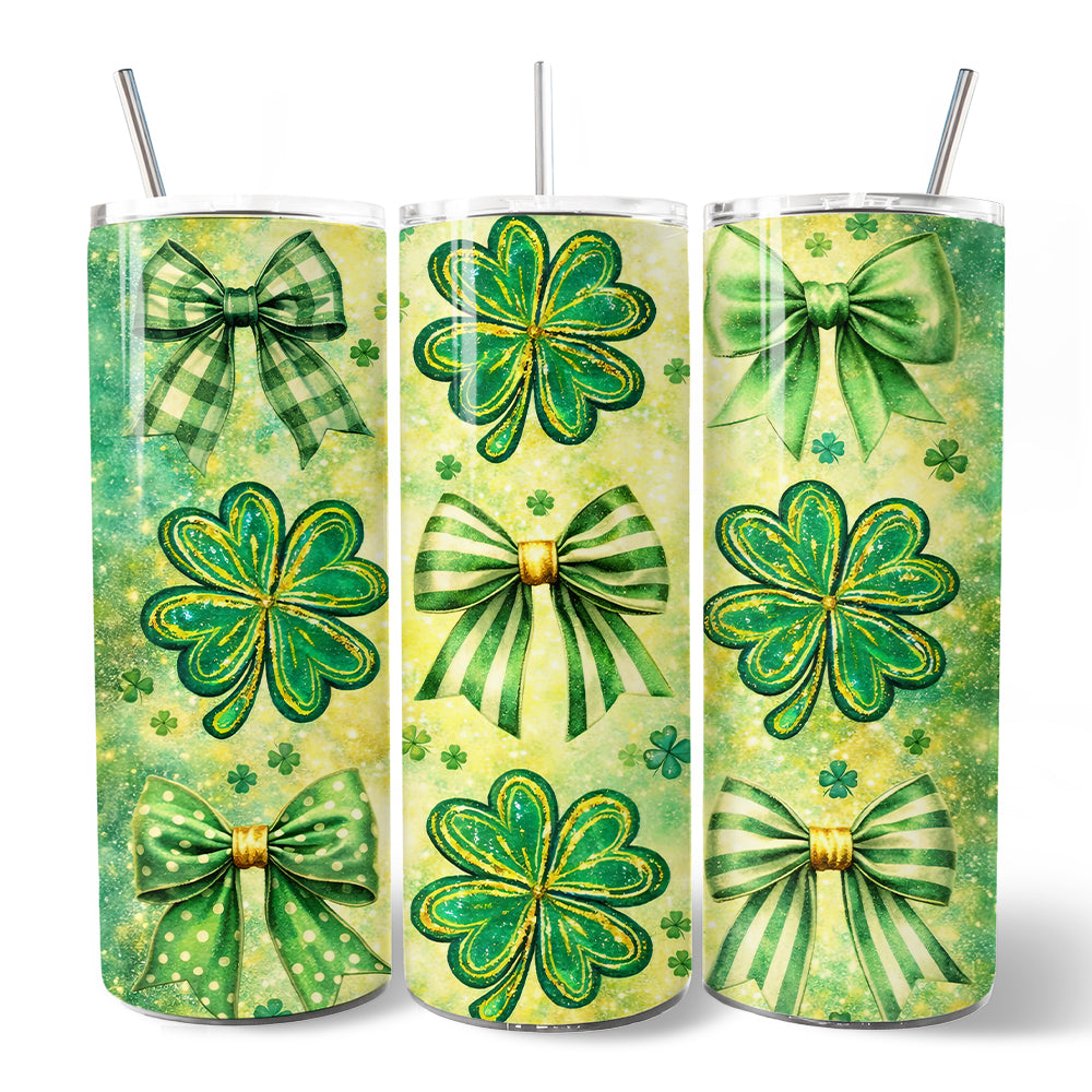 Green Shamrock Bow Pattern 20oz Personalized Tumbler With Lid and Stainless Steel Straw, Coquette St Patrick Gift Cup