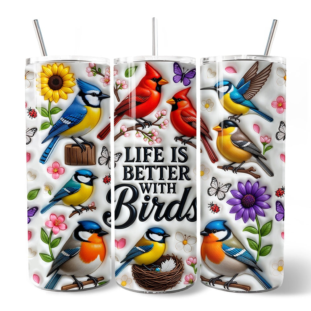 Inflated Life Is Better With Birds 20oz Personalized Tumbler With Lid and Stainless Steel Straw, Colorful Birdwatcher Gift Cup