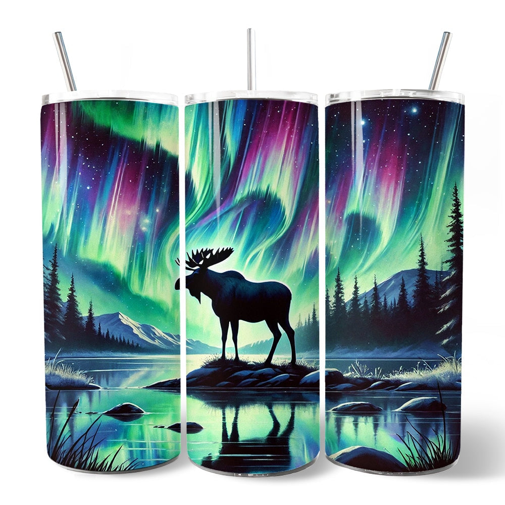 Majestic Moose Under Northern Lights 20oz Personalized Tumbler With Lid and Stainless Steel Straw, Enchanted Christmas Gift Cup