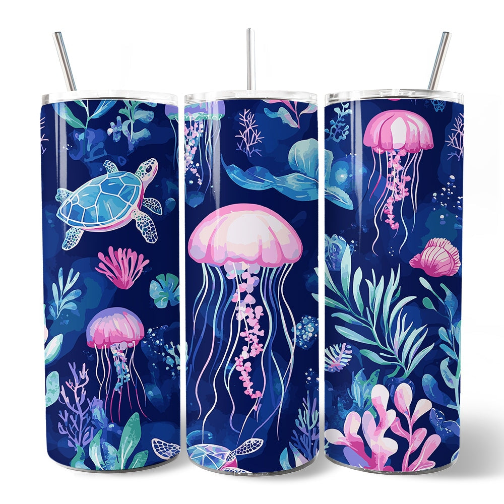 Ocean Jellyfish and Sea Turtle 20oz Personalized Tumbler With Lid and Stainless Steel Straw, Underwater Coral Reef Gift Cup