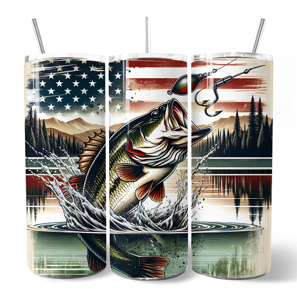 Patriotic Bass Fishing 20oz Personalized Tumbler With Lid and Stainless Steel Straw, Retro Angler Gift Cup