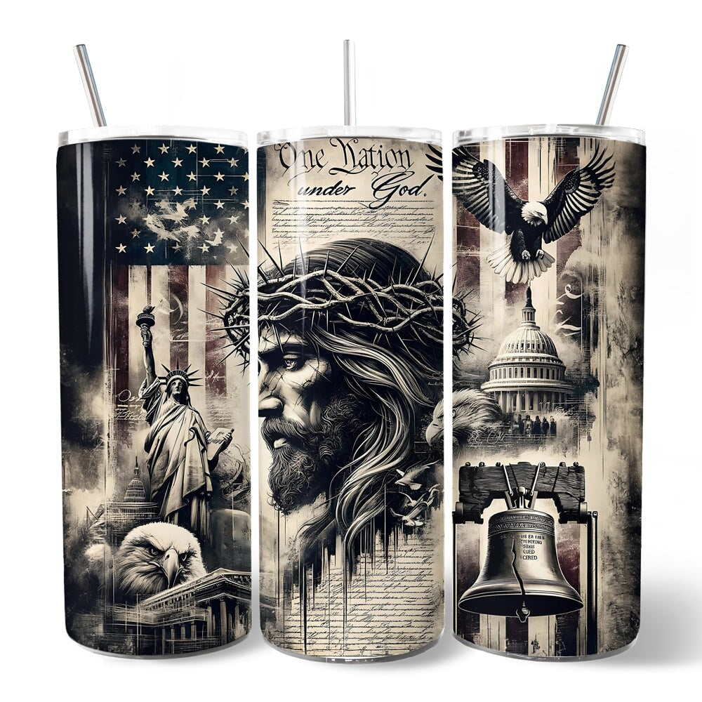 Patriotic Christian 20oz Personalized Tumbler With Lid and Stainless Steel Straw, One Nation Under God Gift Cup