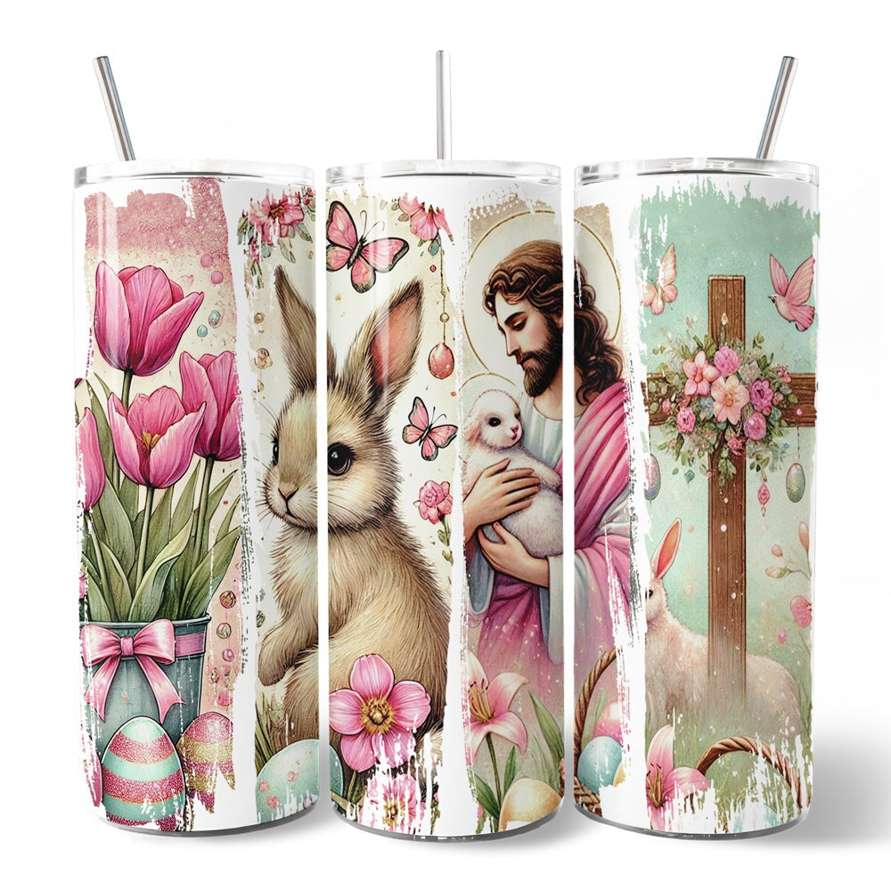 Pink Jesus and Bunny 20oz Personalized Tumbler With Lid and Stainless Steel Straw, Easter Brushstrokes Spring Gift Cup