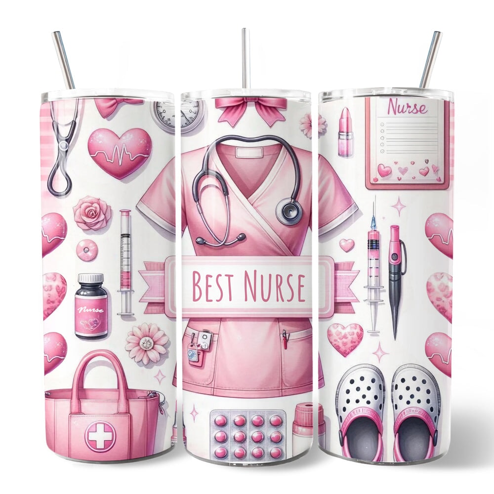 Pink Nurse Life 20oz Personalized Tumbler With Lid and Stainless Steel Straw, Medical Worker Appreciation Gift Cup