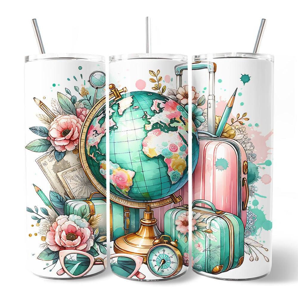 Pink and Teal Wanderlust Girl 20oz Personalized Tumbler With Lid and Stainless Steel Straw, Floral Traveler Adventurer Gift Cup