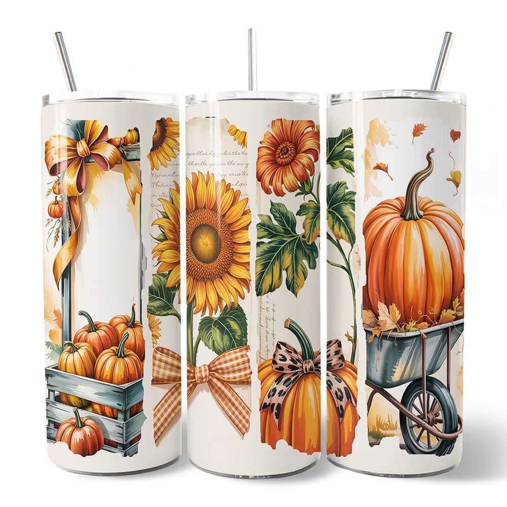 Pumpkin Season 20oz Personalized Tumbler With Lid and Stainless Steel Straw, Fall Sunflower Coquette Bow Autumn Gift Cup