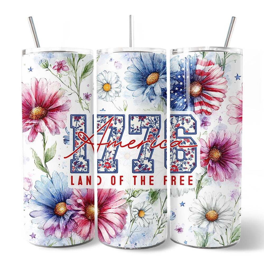 Retro America 1776 Daisy Flower 20oz Personalized Tumbler With Lid and Stainless Steel Straw, Land of the Free Patriotic Gift Cup