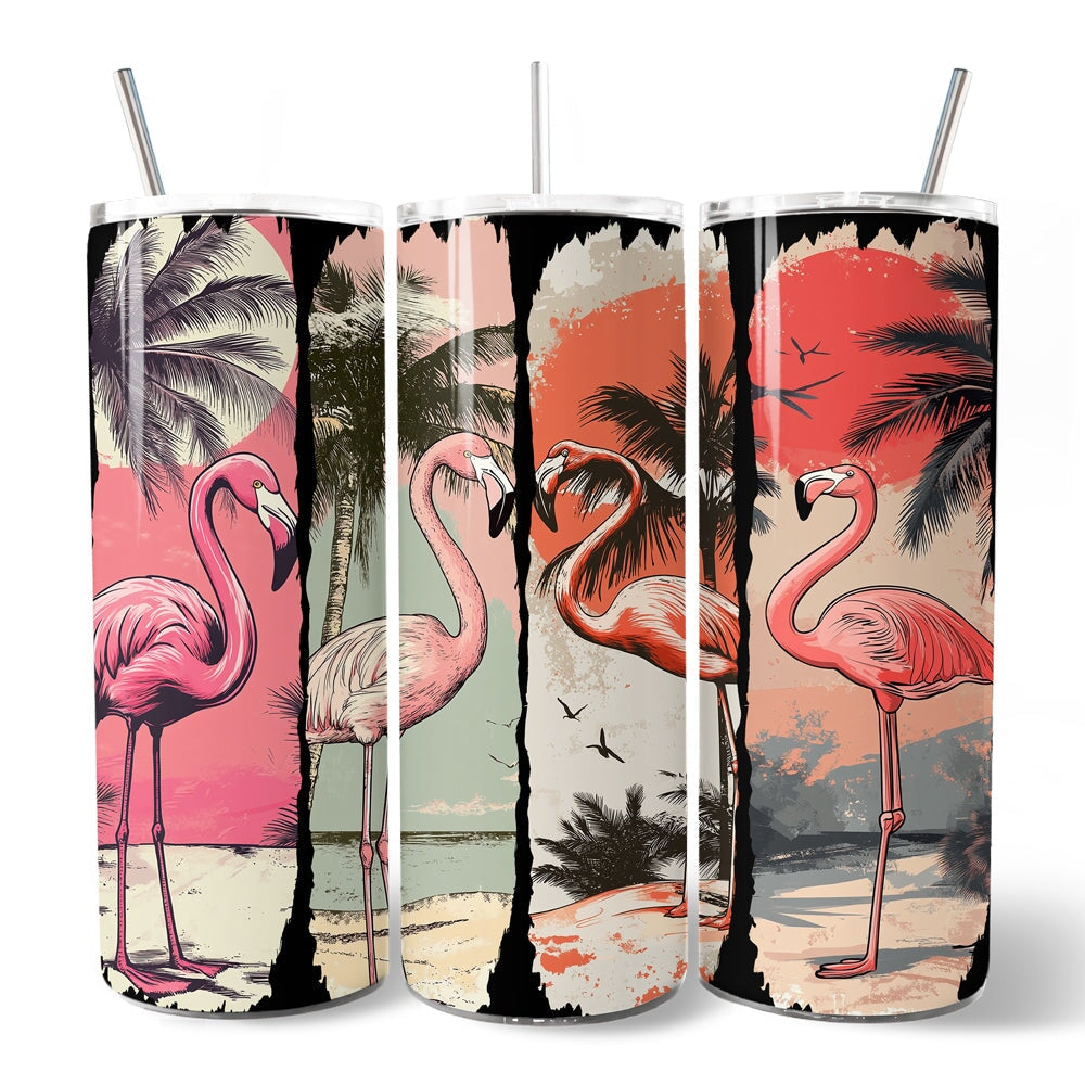 Retro Flamingo Beach 20oz Personalized Tumbler With Lid and Stainless Steel Straw, Summer Vacation Sunset Gift Cup