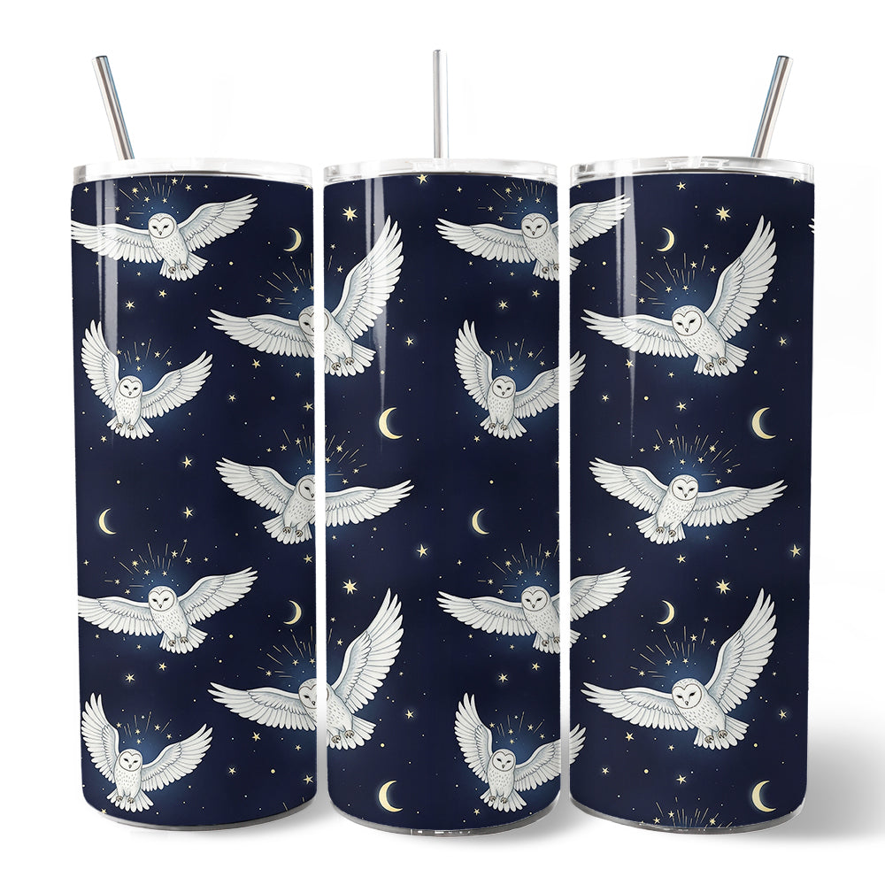 Snowy Owl Under Moon and Stars 20oz Personalized Tumbler With Lid and Stainless Steel Straw, Enchanted Navy Night Sky Gift Cup