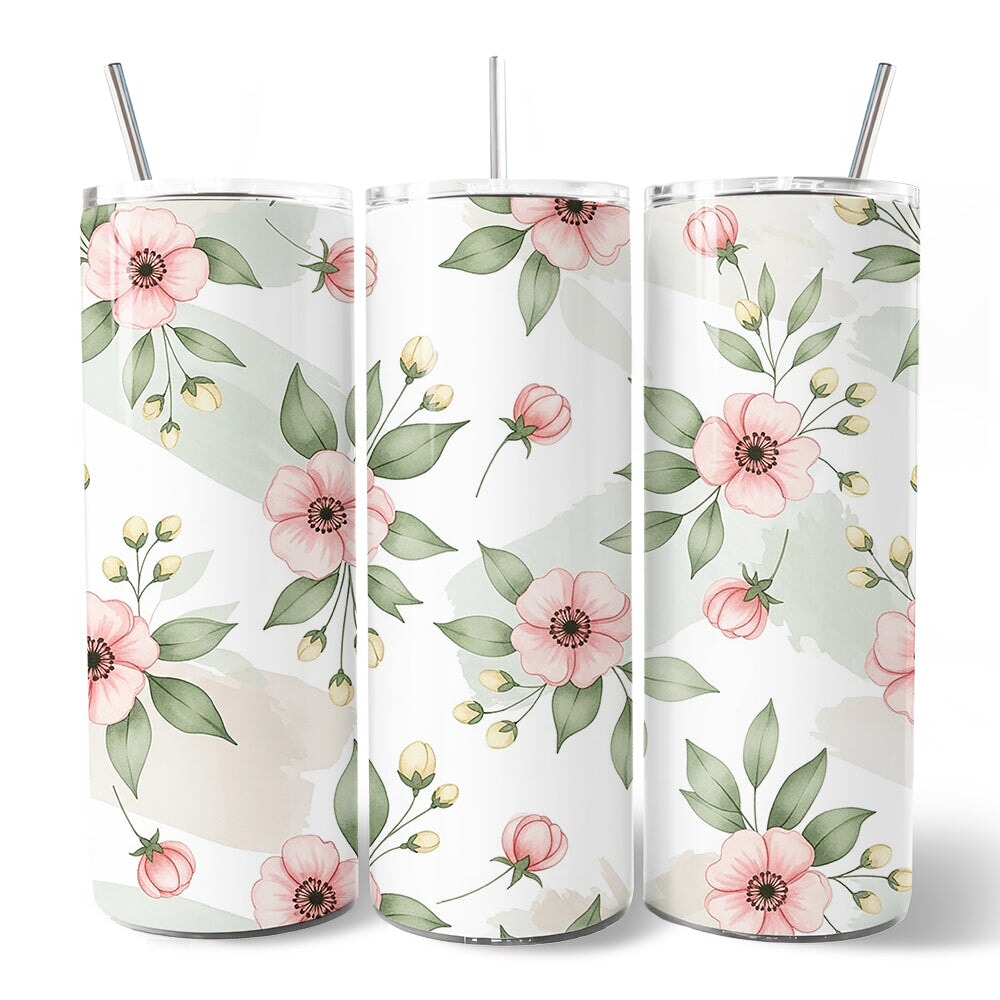 Soft Pink Wildflower 20oz Personalized Tumbler With Lid and Stainless Steel Straw, Elegant Floral Pattern Gift Cup