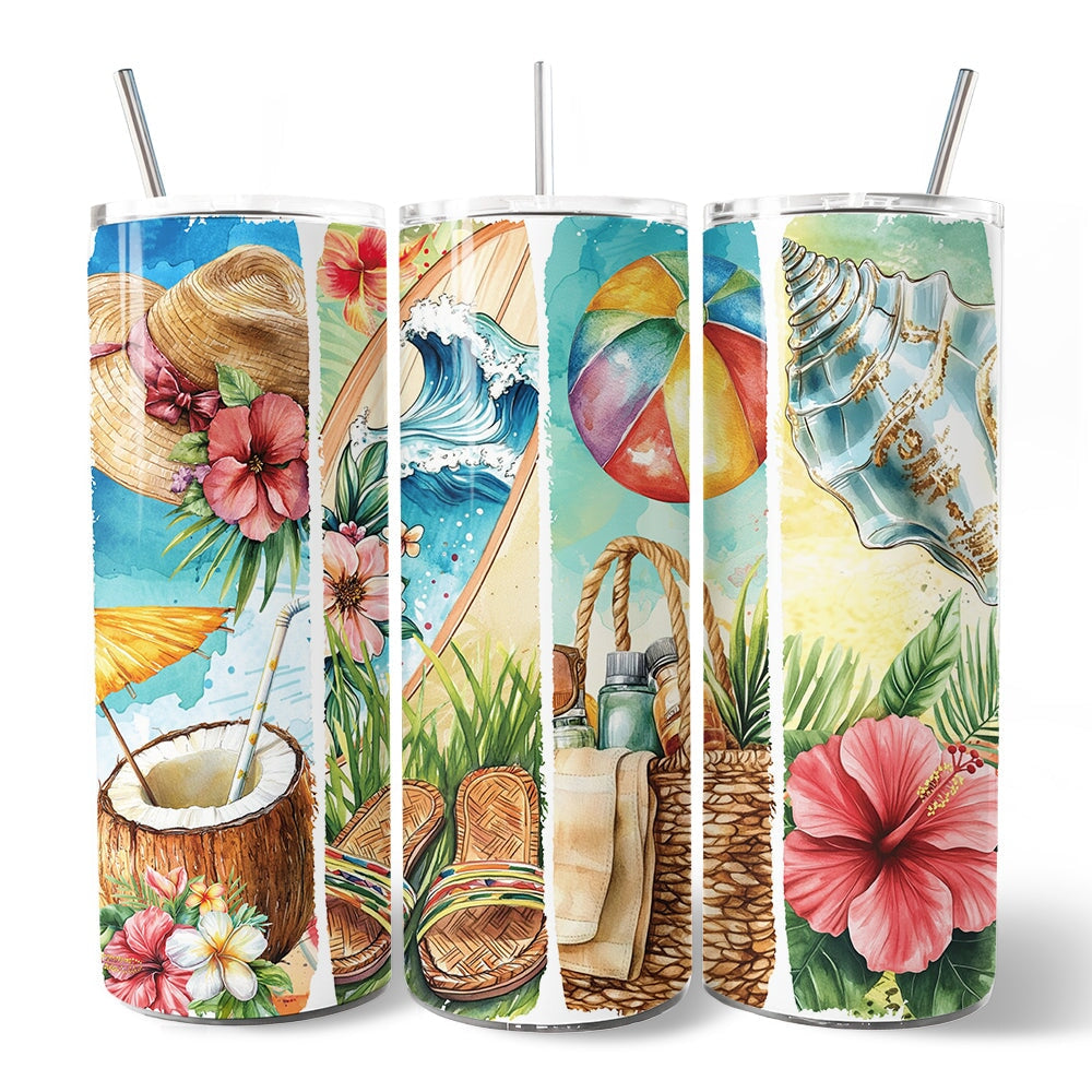 Summer Vibes 20oz Personalized Tumbler With Lid and Stainless Steel Straw, Brushstrokes Beach with Coconut and Flowers Gift Cup