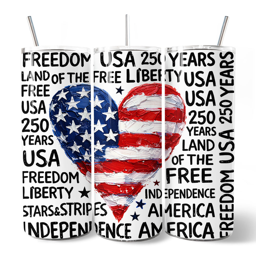 USA 250 Heart Patriotic 20oz Personalized Tumbler With Lid and Stainless Steel Straw, Retro 4th of July Gift Cup