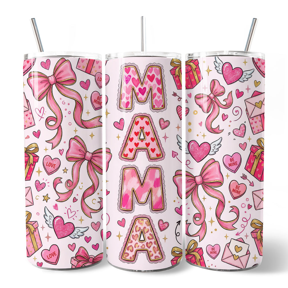 Valentine Mama Coquette Bow 20oz Personalized Tumbler With Lid and Stainless Steel Straw, Charming Pink Love Pattern Gift Cup