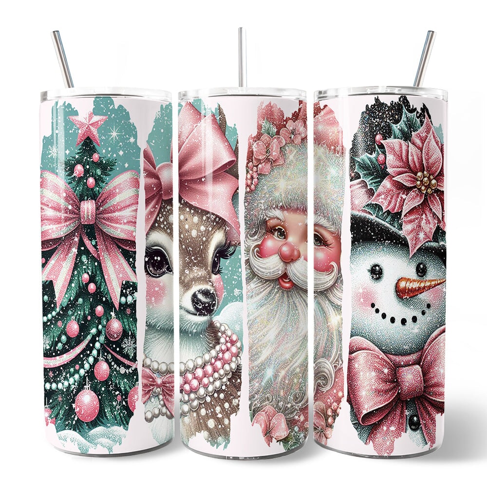 Vintage Tree, Reindeer, Santa and Snowman 20oz Personalized Tumbler With Lid and Stainless Steel Straw, Coquette Pink Christmas Gift Cup