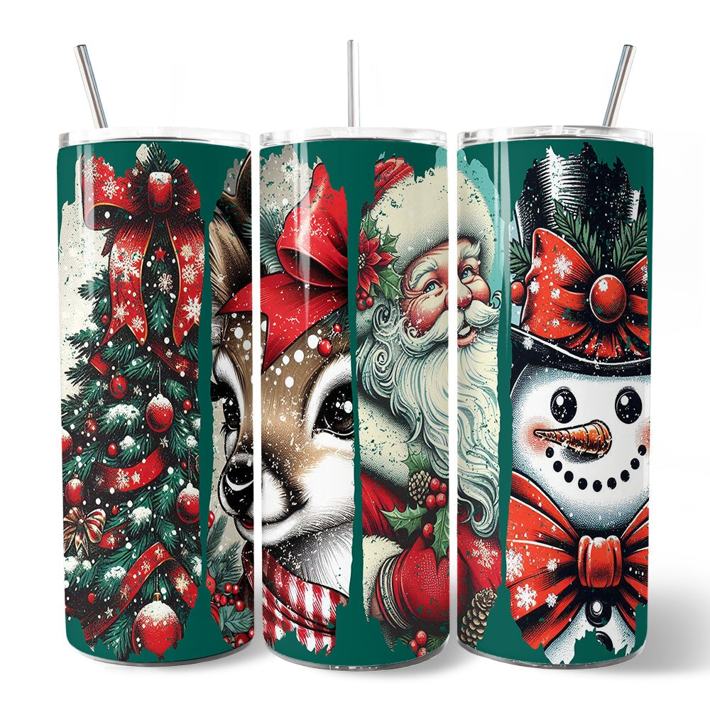Vintage Tree, Reindeer, Santa and Snowman 20oz Personalized Tumbler With Lid and Stainless Steel Straw, Green Christmas Brushstrokes Gift Cup
