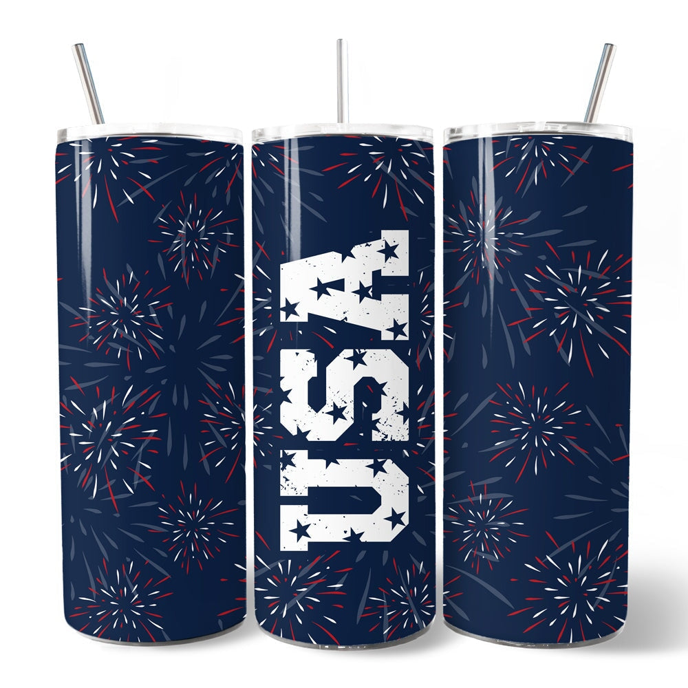 Vintage USA Block Letters 20oz Personalized Tumbler With Lid and Stainless Steel Straw, Patriotic Fireworks for Independence Day Gift Cup