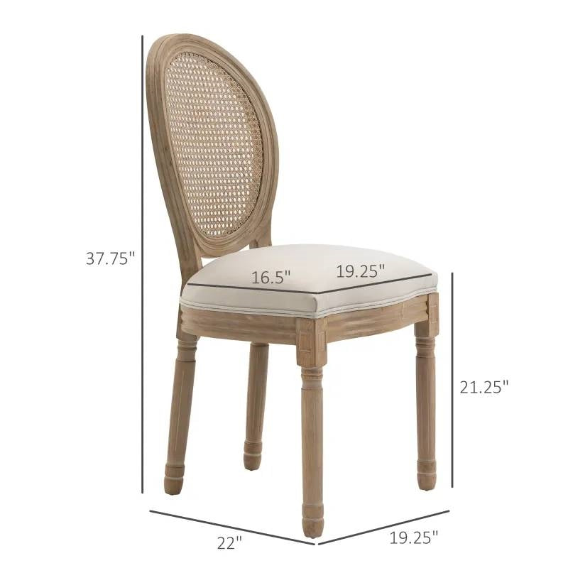 Set of 2 Vintage Upholstered Armless Rattan Back Dining Chairs Beige White