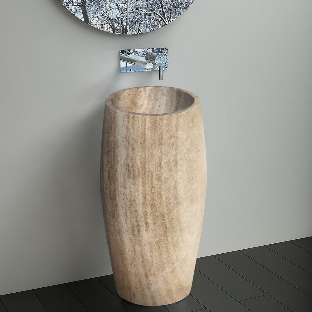 Walnut Travertine Pedestal Sink Curved Honed 16 x 19.5 x 33.5