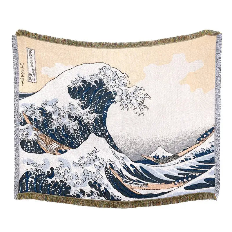 Abstract blue and beige geometric knitted tassels throw blanket bedroom
