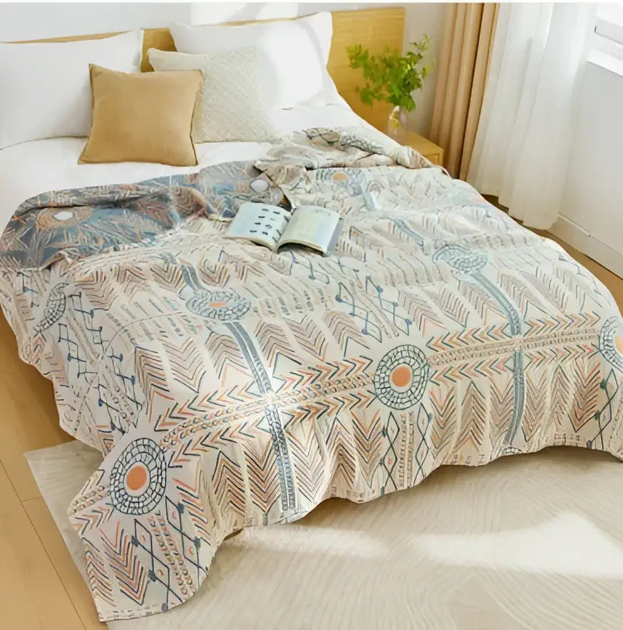 Abstract cream & blue cotton nordic throw blanket bedroom quilt