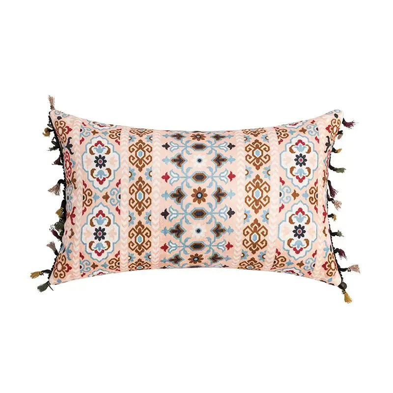Abstract geometric cushion cover coral & teal bedroom tassel decor