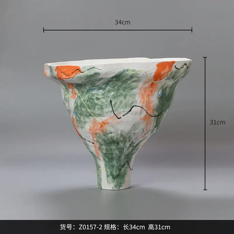 Abstract irregular pattern green & orange ceramic vases living room