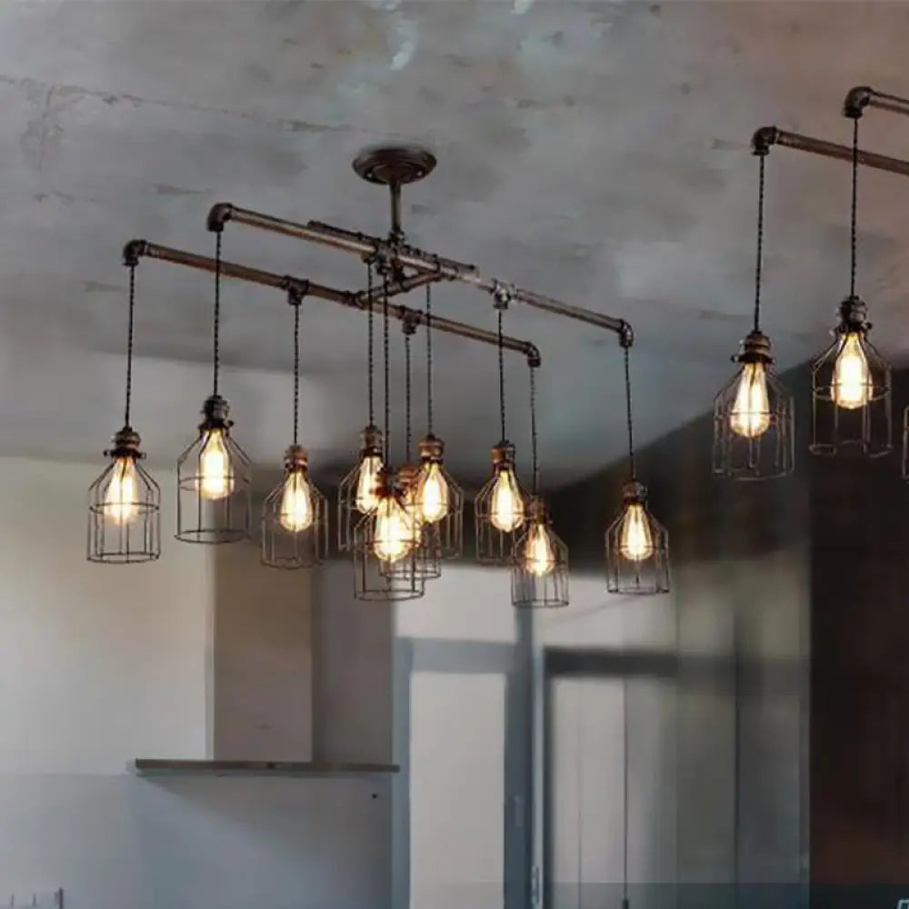 DecorBites™ Aged Silver 6/10 Bulbs Industrial Cage Iron Pendant Light with Double Pipe Rod - Island Hanging Lamp Fixture