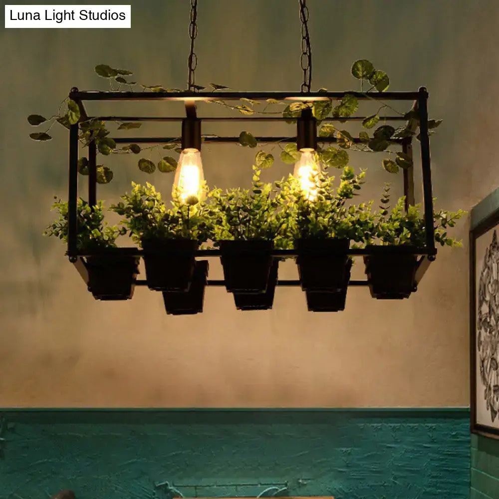 Antique black metal island pendant with planter for dining room