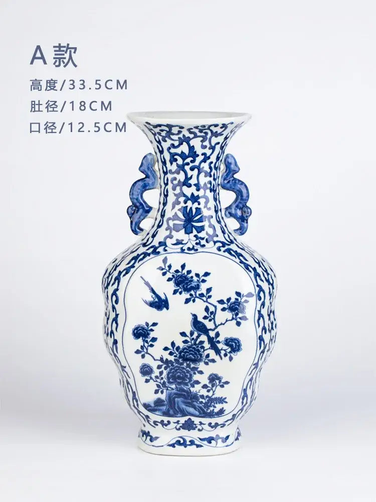 Antique blue white porcelain two ear vase living room decor