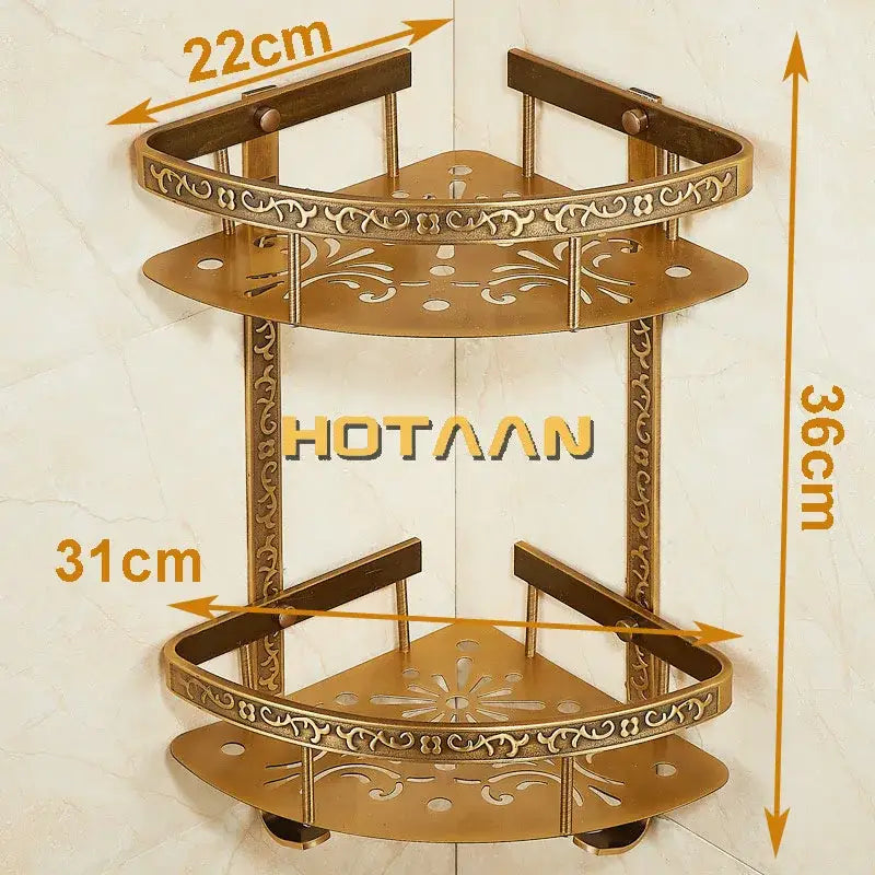 Antique brass double layer corner shelf bathroom ornate storage rack