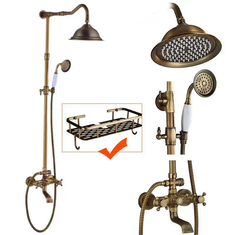 Antique brass dual handle shower faucet set with shelf bathroom