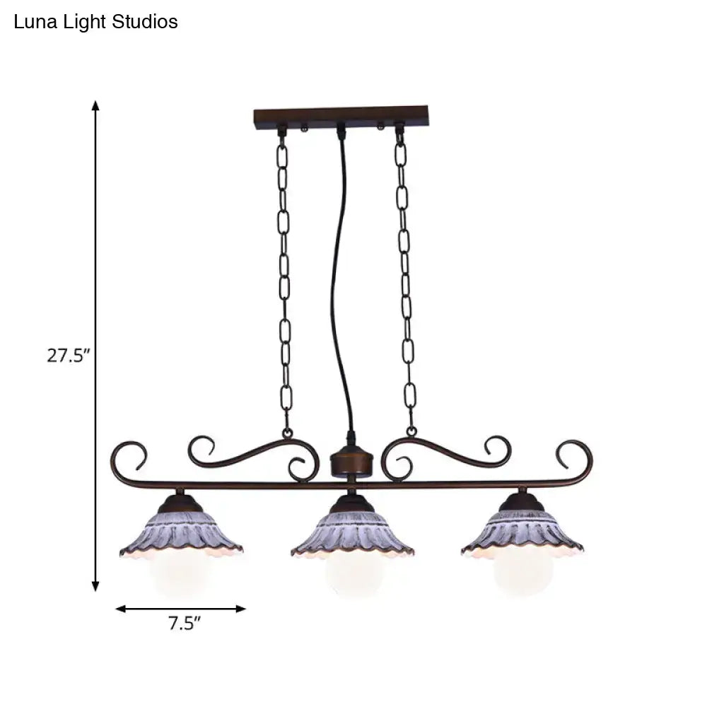 Antique bronze 3 light island pendant lamp kitchen scalloped ceramic shade