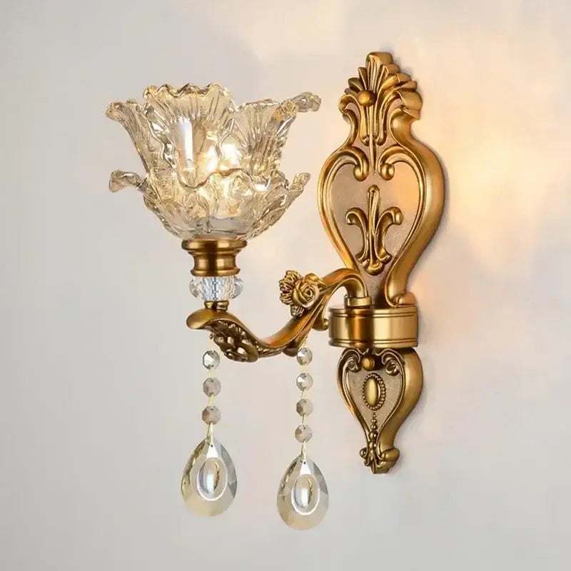 Antique european brass crystal glass dual head wall lamp bedroom