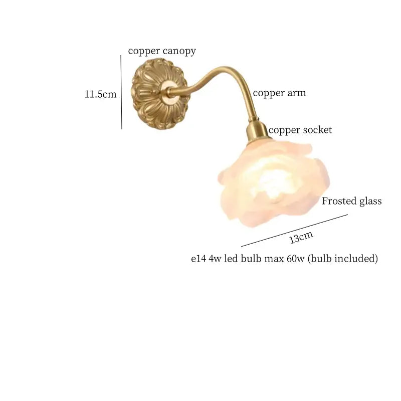 Antique pink rose glass wall lamp bedroom copper arm