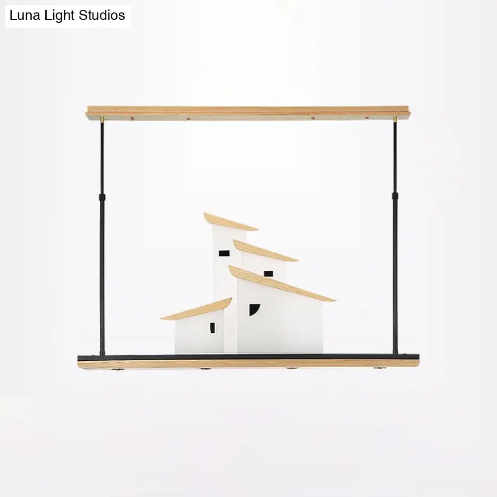 DecorBites™ Art Deco Island Pendant Ceiling Light, LED Metal Fixture in White with Wood Bracket - Warm/White Light
