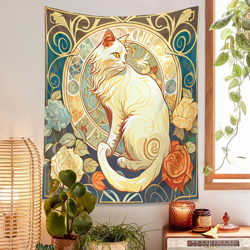 Art nouveau black cat tapestry wall hanging bedroom floral decor