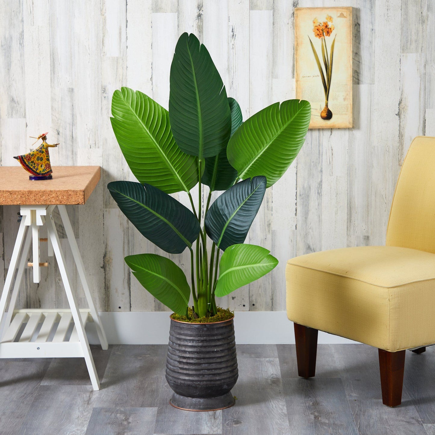 50” Traveler's Palm Artificial Tree in Ribbed Metal Planter