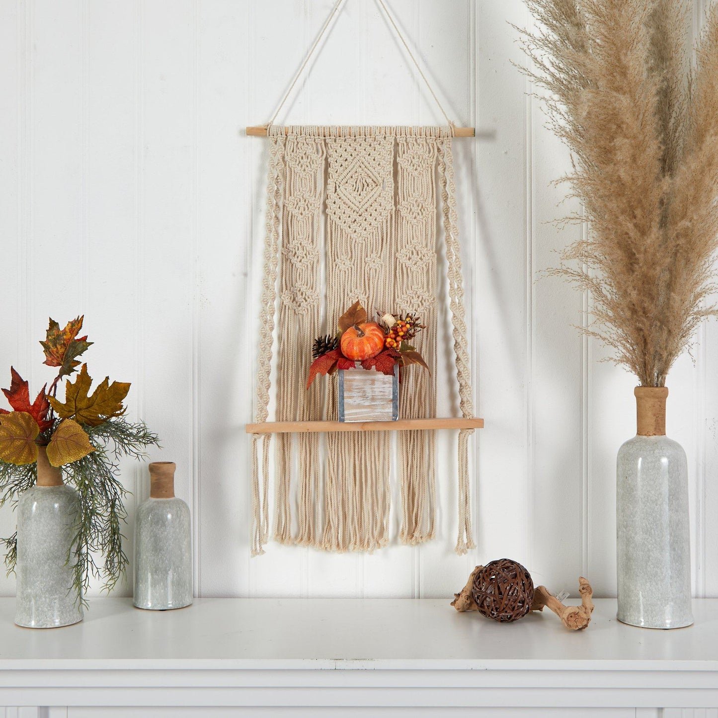 8” Fall Pumpkin, Gourd, Berries and Pinecones Artificial Autumn Arrangement in Natural Washed Vase