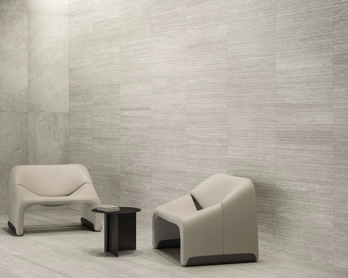 Veneer World Atelier Trail Bamboo Vein Cut Grey Travertine Look Porcelain Accent Tiles 12x24