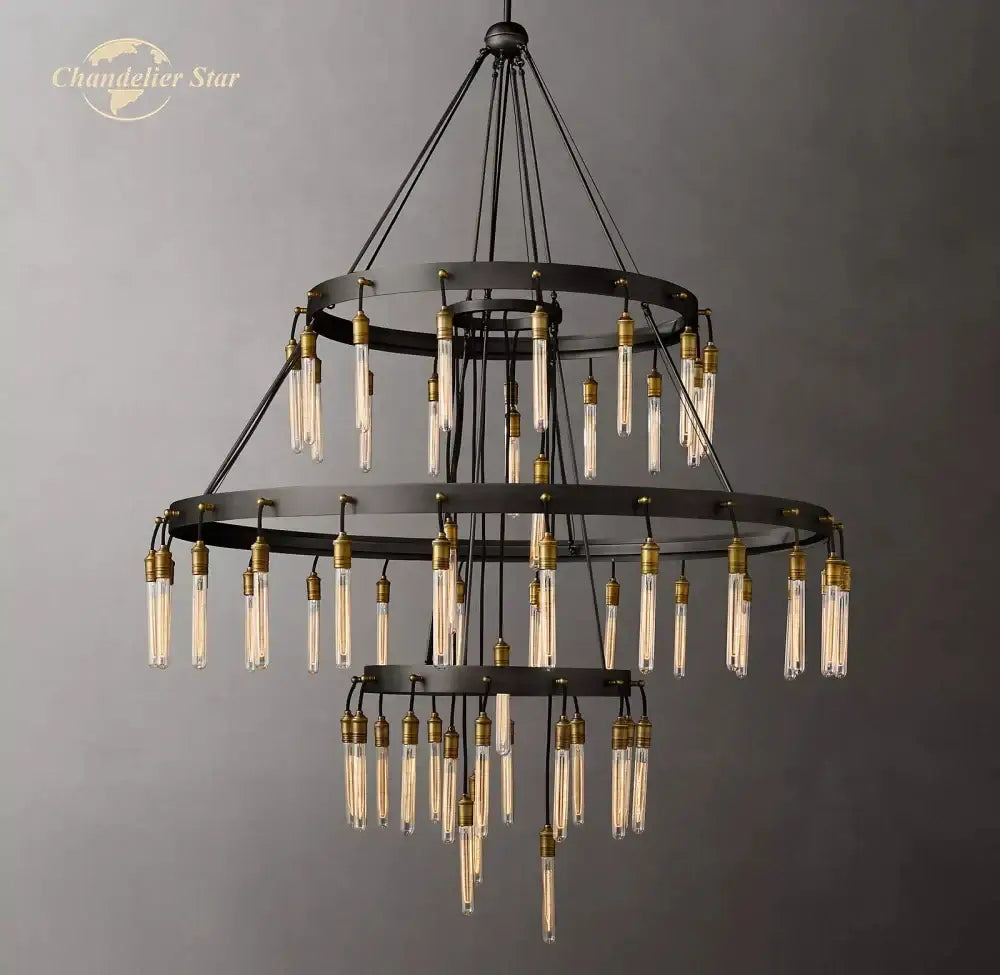 Axis black brass led round chandelier living room glass tube light