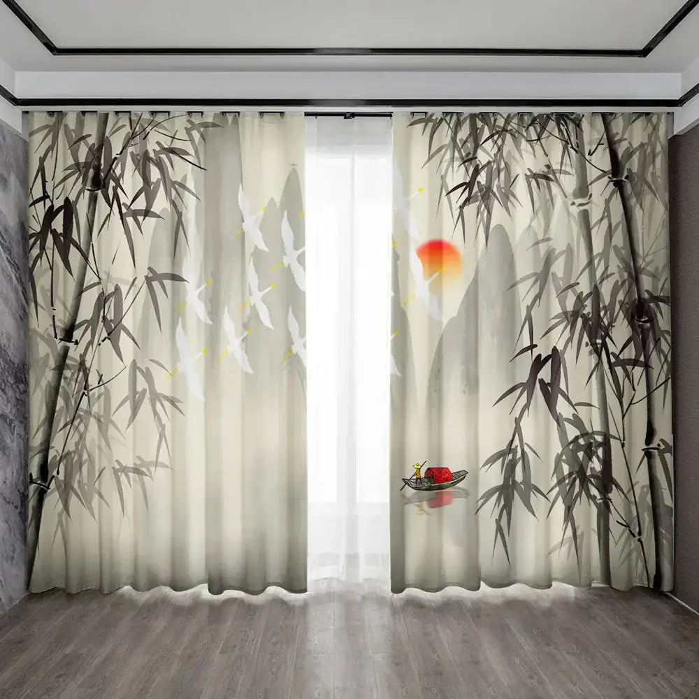 Bamboo ink painting white & gray curtains living room decor