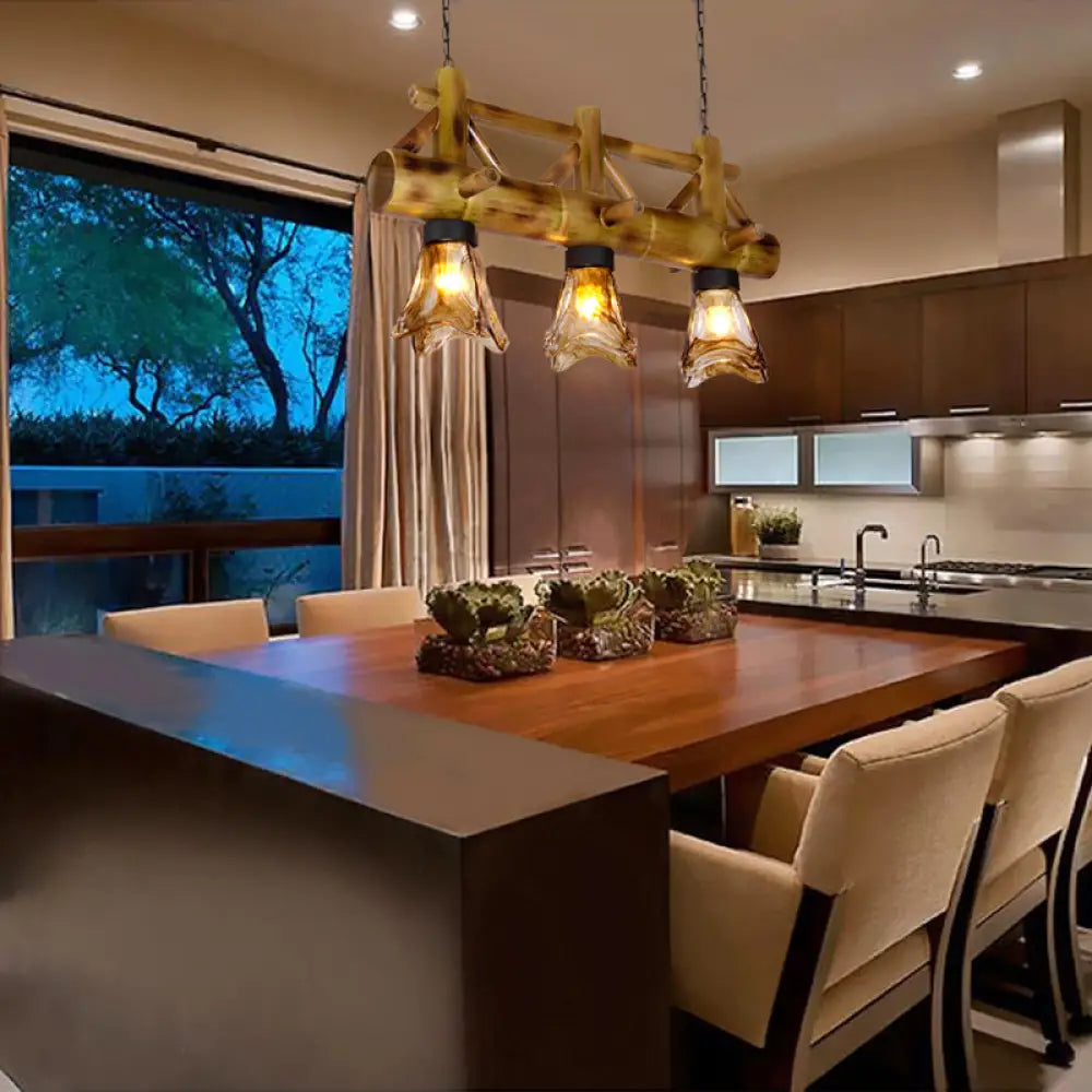 DecorBites™ Bamboo Lodge Flared Pendant Light with 2 Amber Glass Shades - Island Lighting