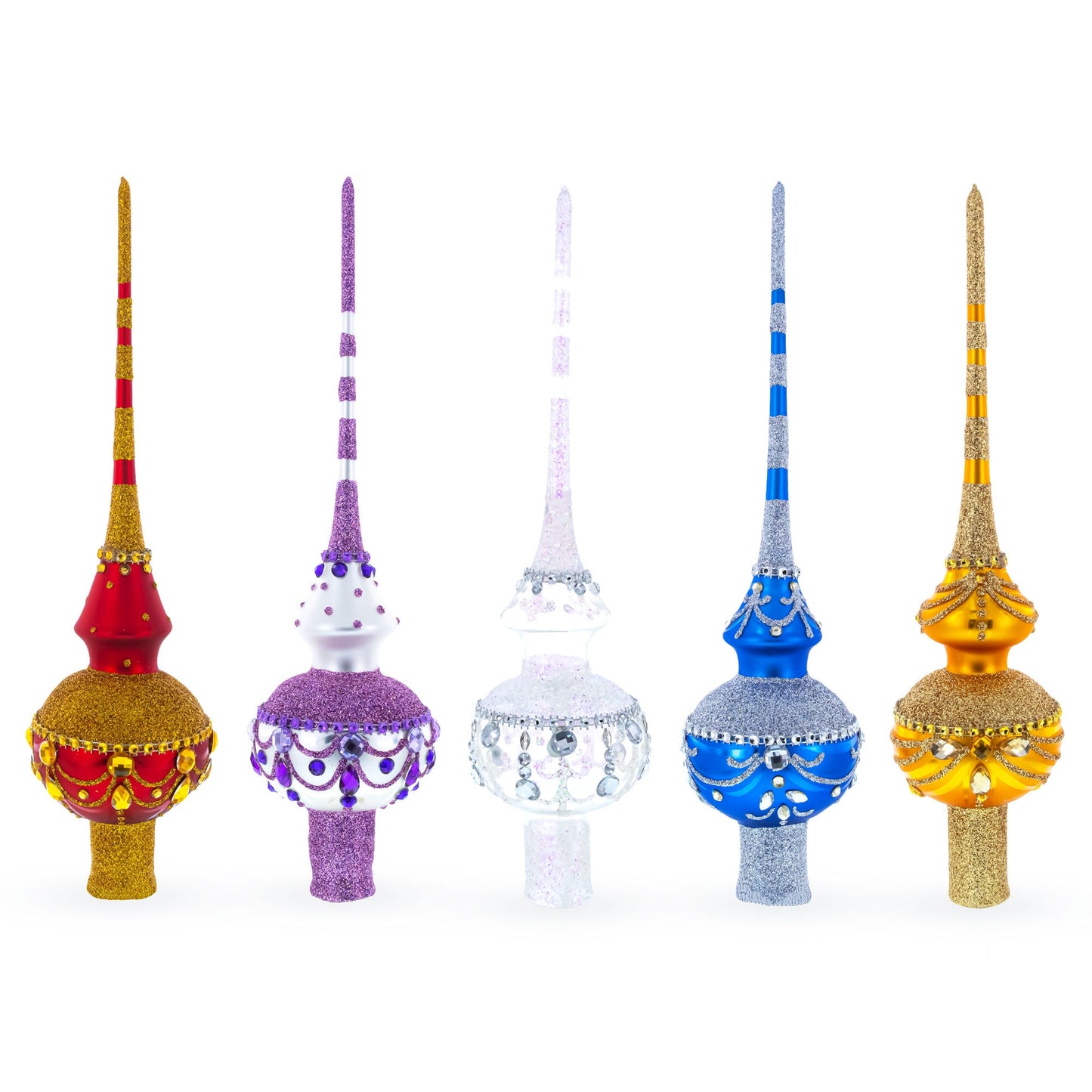 Blue and Gold with Ornate Glitter Geometrical Glass Christmas Tree Topper 11 Inches
