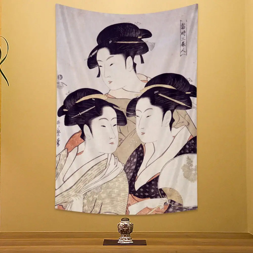 Beige geisha kanagawa print wall hanging bedroom fabric tapestry
