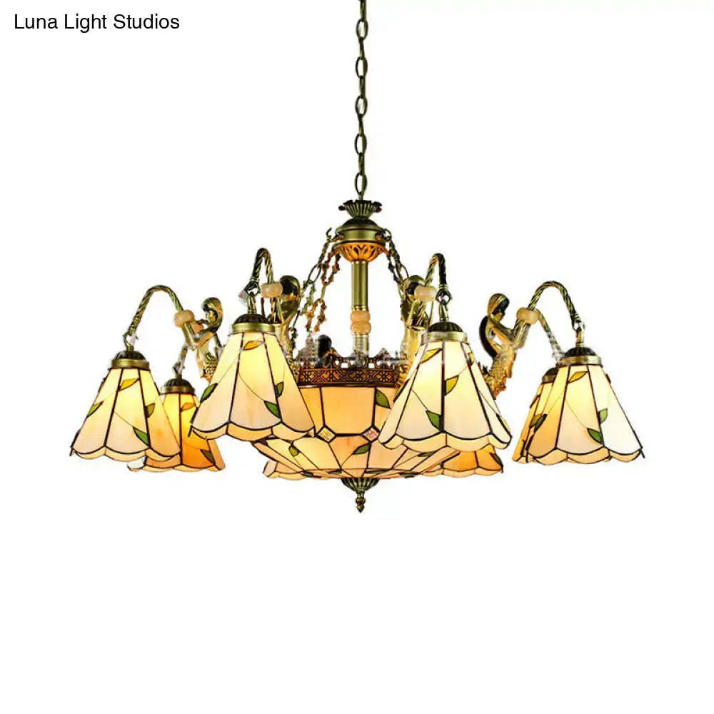 Antique brass tiffany cut glass leaf chandelier dining room light